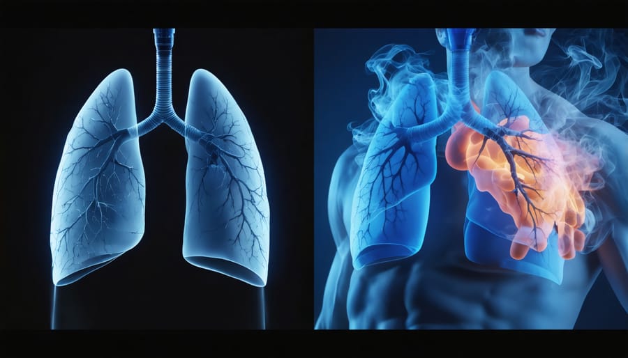 Conceptual image showing a split-screen comparison of lung health and oxygen utilization between vaping and non-vaping athletes during exercise.