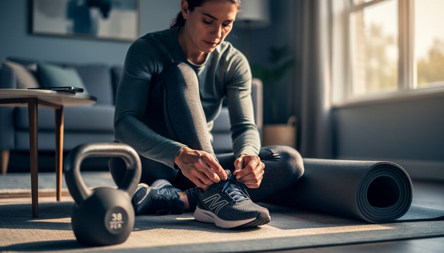 Person in workout gear lacing running shoes beside a yoga mat and kettlebell, with a phone face down on a side table in soft morning light and a blurred living room background