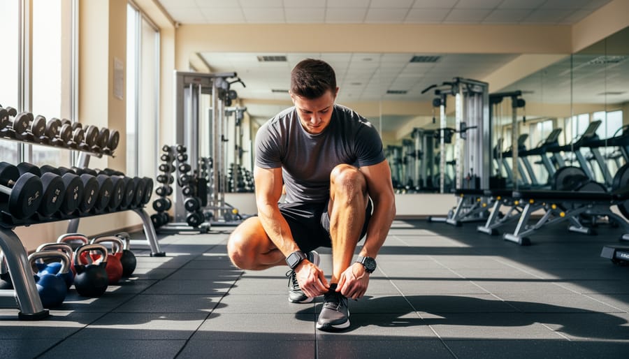 Close-up of hands adjusting gym equipment near a water bottle in a fitness club.