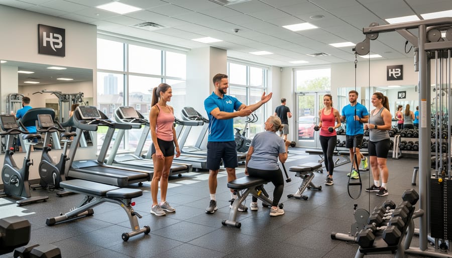 People working out inside a modern fitness club with a trainer assisting and others stretching.