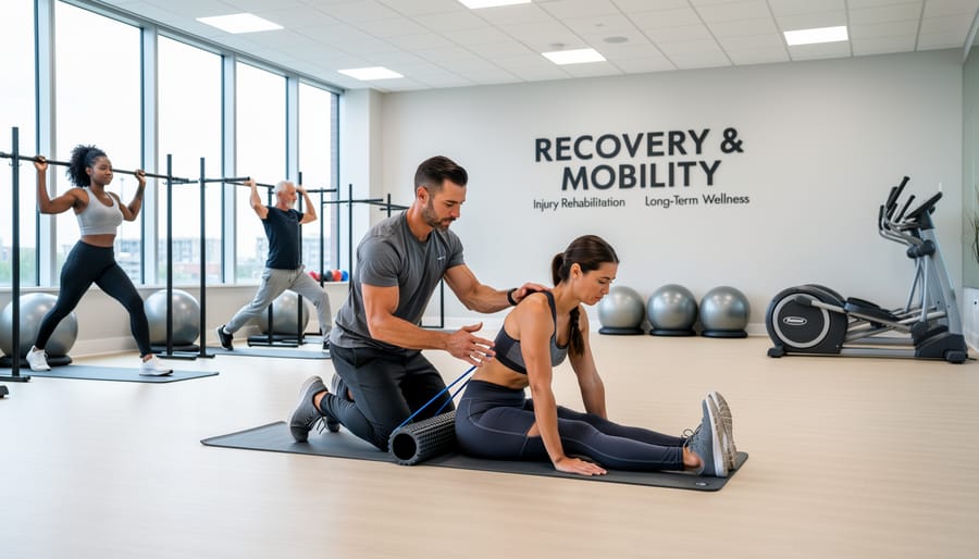 Person performing gentle mobility work on a mat while a specialist observes in a fitness club.
