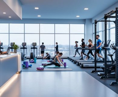 “Modern Canadian fitness club interior with workout equipment, members training, and a recovery area with foam rollers and stretching mats in the background.”