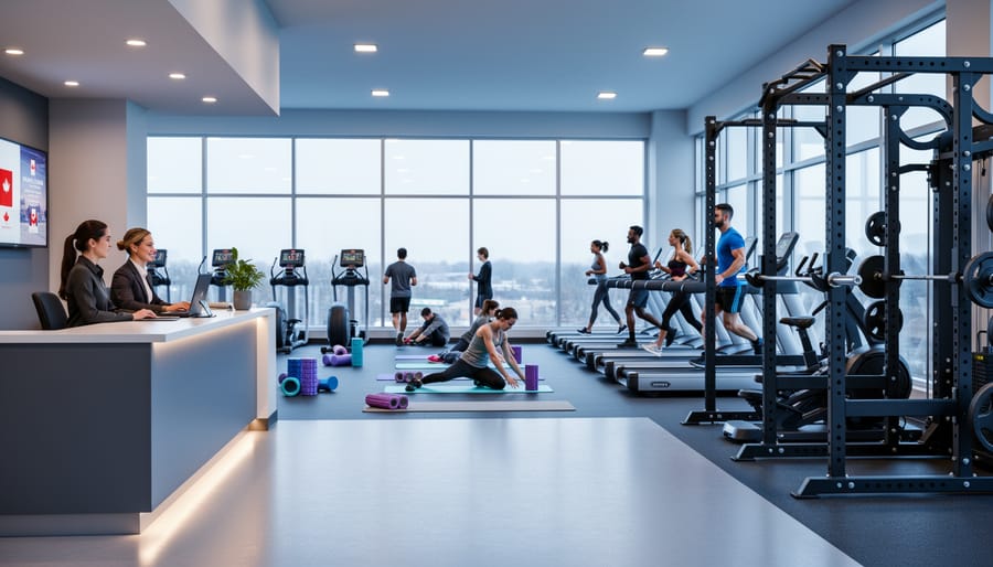 “Modern Canadian fitness club interior with workout equipment, members training, and a recovery area with foam rollers and stretching mats in the background.”
