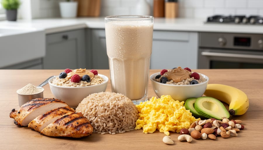 Calorie-dense ingredients like oats, milk, bananas, and peanut butter arranged on a table for a muscle-building meal.