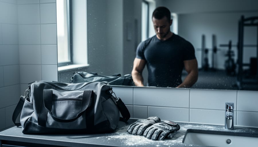 Reflected muscular silhouette in a mirror beside gym gear, suggesting the pressure behind an outward fitness persona and the need for mental health support.