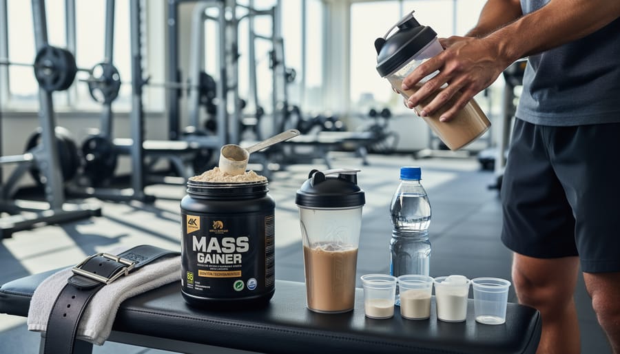 Gym goer mixing mass gainer powder in a shaker bottle in a fitness facility.