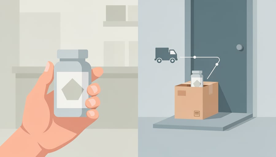 Hands holding a supplement tub with nearby delivery boxes in a clean home setting.