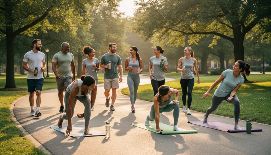 People walking together outdoors in morning sunlight, with gentle stretching and fitness equipment carried lightly