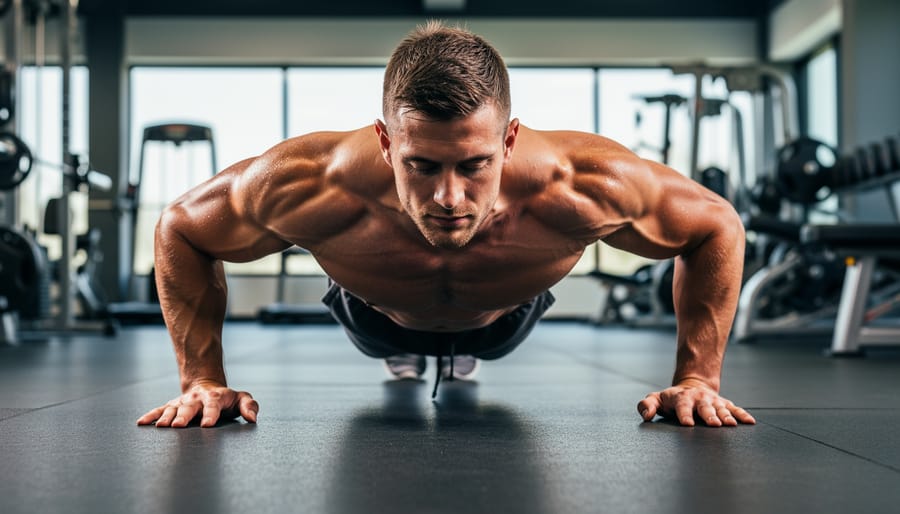 Person holding a controlled push-up position in a dim fitness studio with blurred gym elements behind