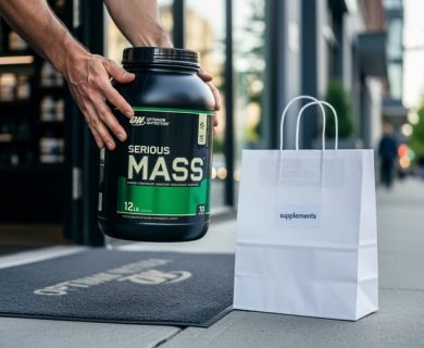 Close-up of a person holding a weight-gainer tub next to shopping bags in front of a supplement store in Vancouver, representing local versus online purchasing.
