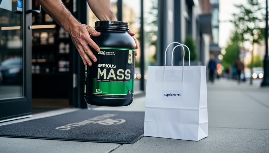 Close-up of a person holding a weight-gainer tub next to shopping bags in front of a supplement store in Vancouver, representing local versus online purchasing.