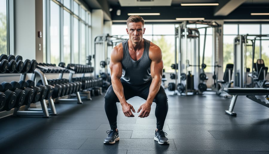 Weightlifting gloves and a training bench in a quiet gym with blurred equipment in the background
