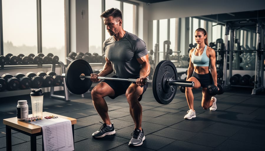 Athletic person performing resistance training outdoors with focused expression