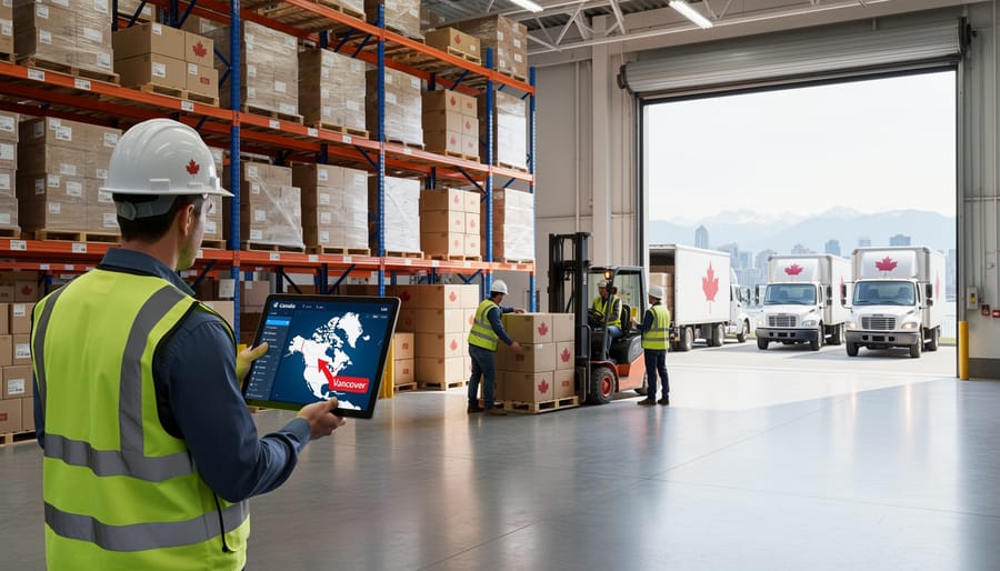 Warehouse receiving area with stacked cartons and a barcode scanner