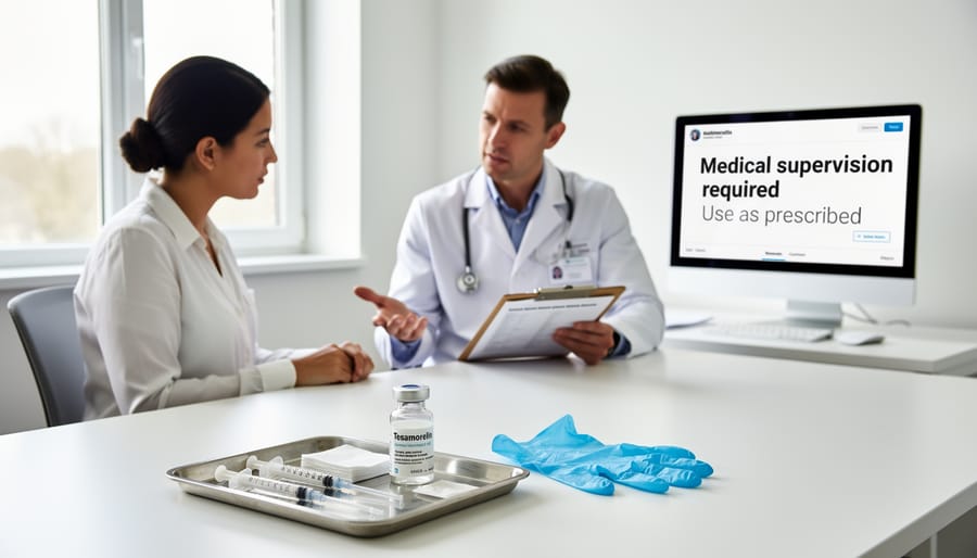 Hand preparing sterilization materials and an injection device on a clean surface in a medical setting