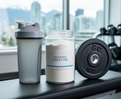 Jar of micronized creatine and a shaker bottle on a gym bench with weight plate nearby, styled for a Vancouver athlete training scene.