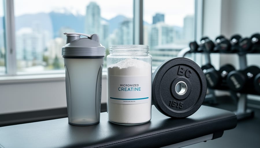 Jar of micronized creatine and a shaker bottle on a gym bench with weight plate nearby, styled for a Vancouver athlete training scene.