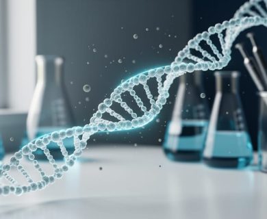 Close-up of a glowing translucent peptide-like molecular structure hovering over a softly lit laboratory bench with subtle drifting particles in the background.