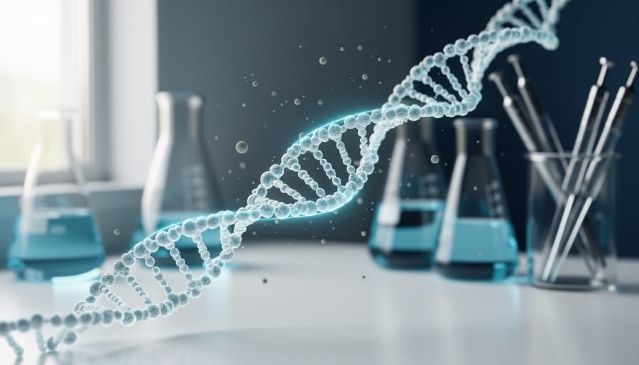 Close-up of a glowing translucent peptide-like molecular structure hovering over a softly lit laboratory bench with subtle drifting particles in the background.