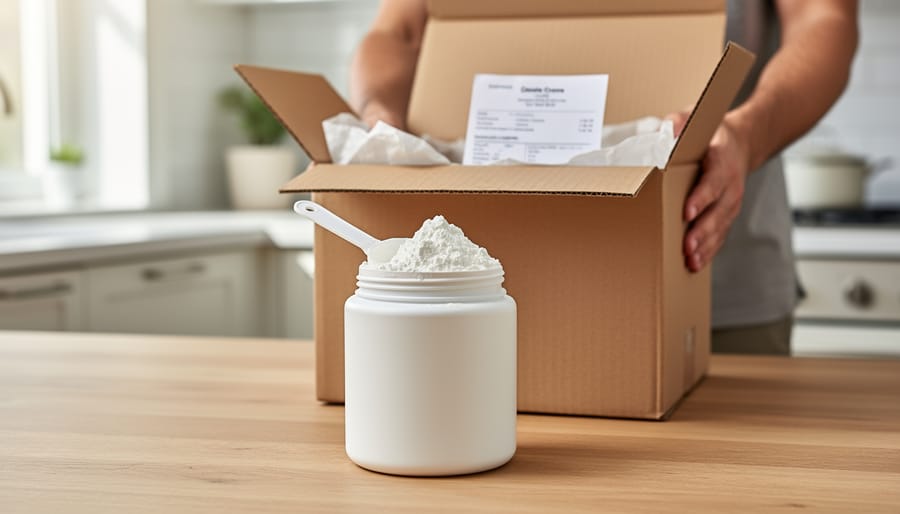 Hands unsealing a shipping box with a tub of micronized creatine powder on a table