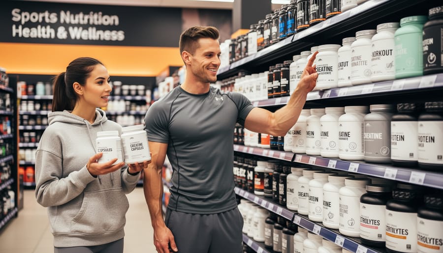 Customer selecting a micronized creatine tub on a supplement store shelf