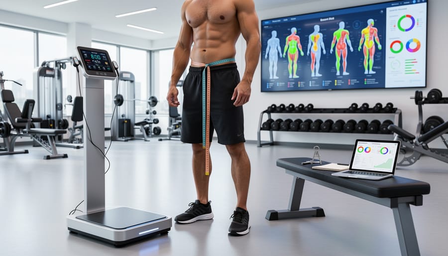Athletic person adjusting a measuring tape around the waist in a gym setting