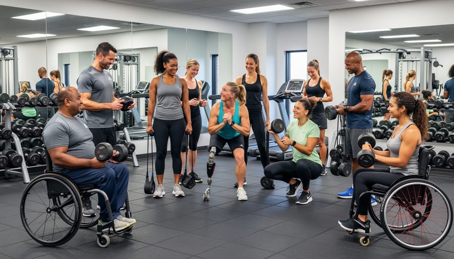 Diverse people working out together in a gym with warm sunlight and a welcoming atmosphere
