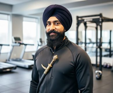 “A Sikh man standing in a modern gym wearing athletic clothing with a kirpan safely under his jacket, suggesting religious accommodation in fitness spaces.”