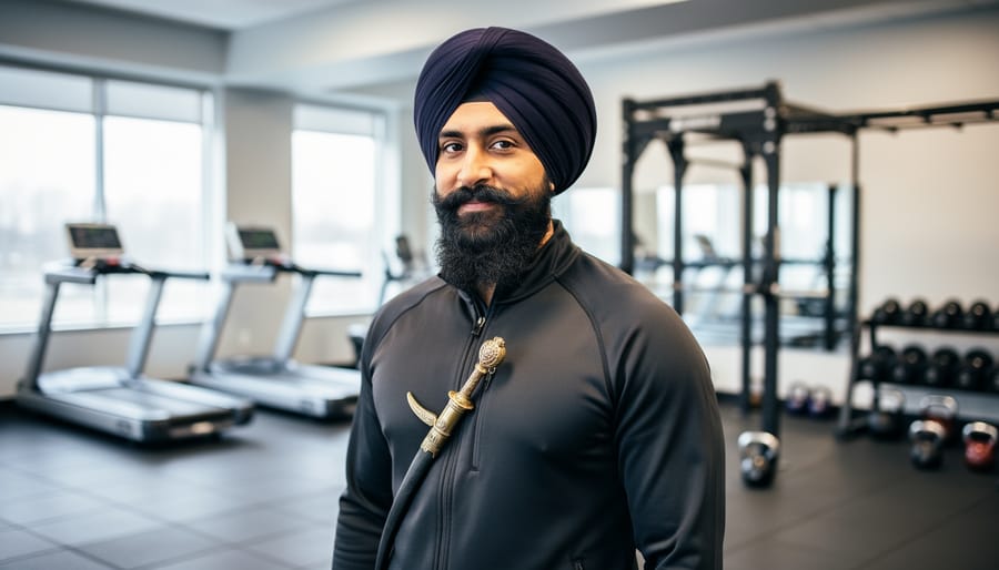 “A Sikh man standing in a modern gym wearing athletic clothing with a kirpan safely under his jacket, suggesting religious accommodation in fitness spaces.”